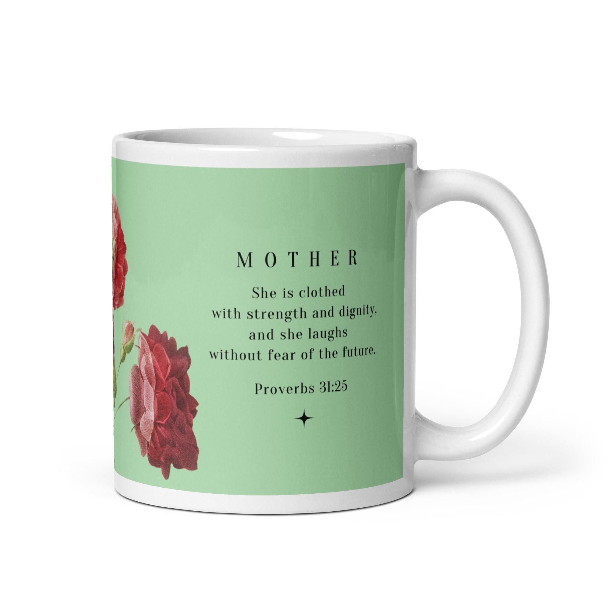 White glossy mug - Mother - Proverbs 31:25