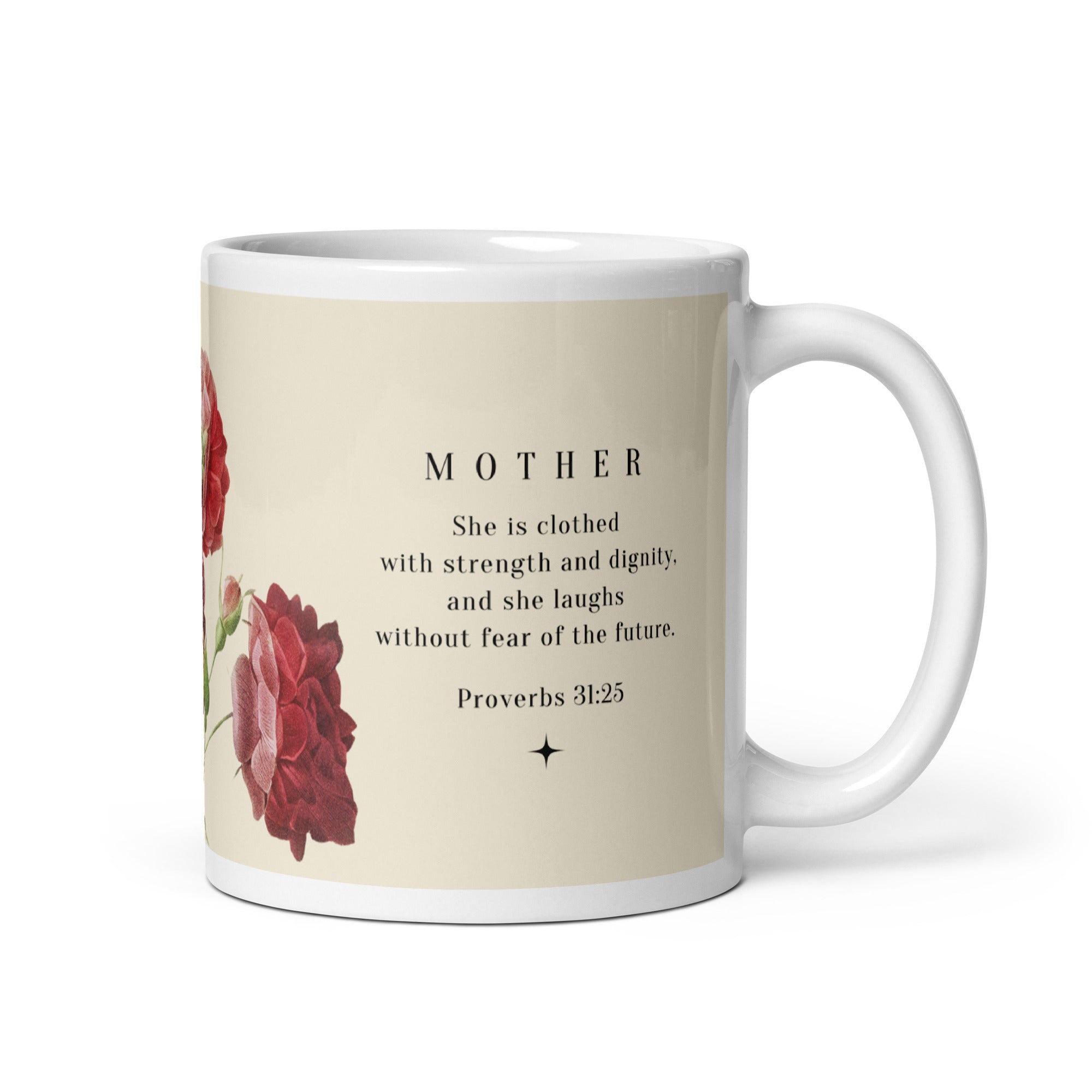 White glossy mug - Mother - Proverbs 31:25