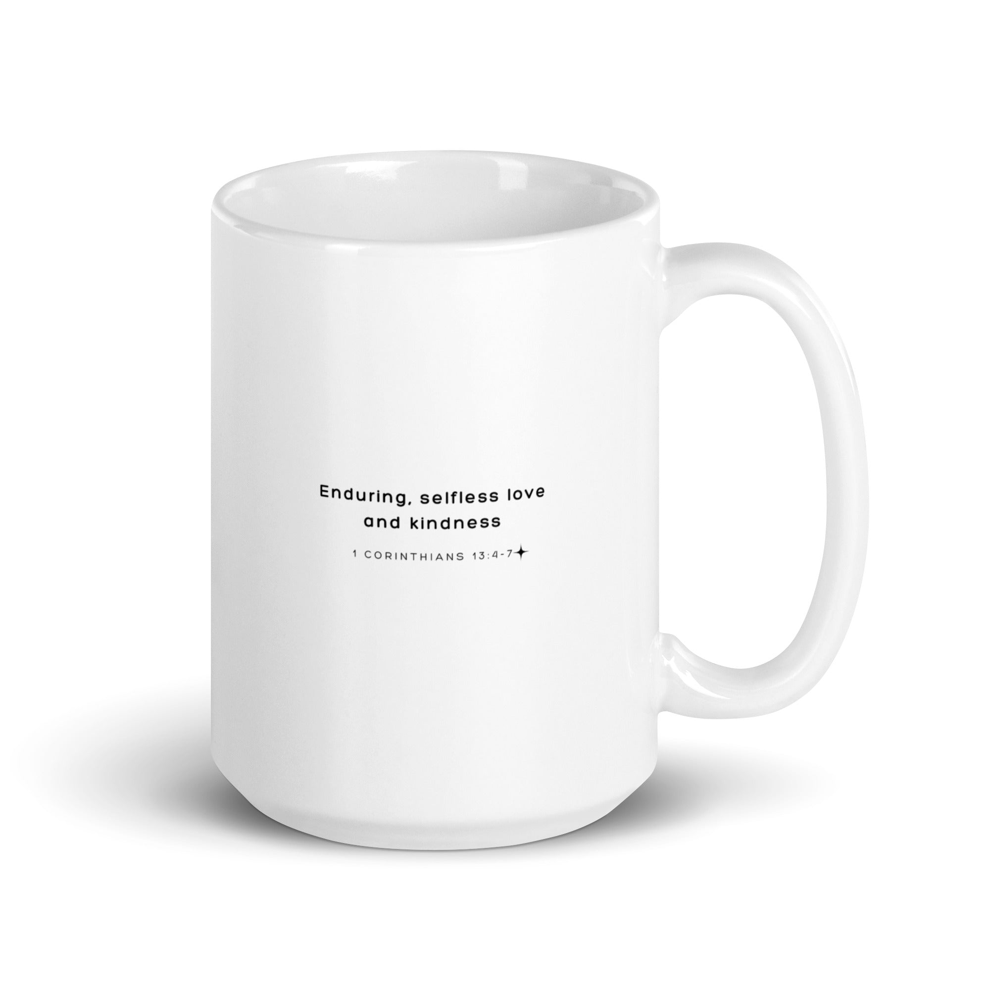 White glossy mug - 1 Corinthians 13:4-7