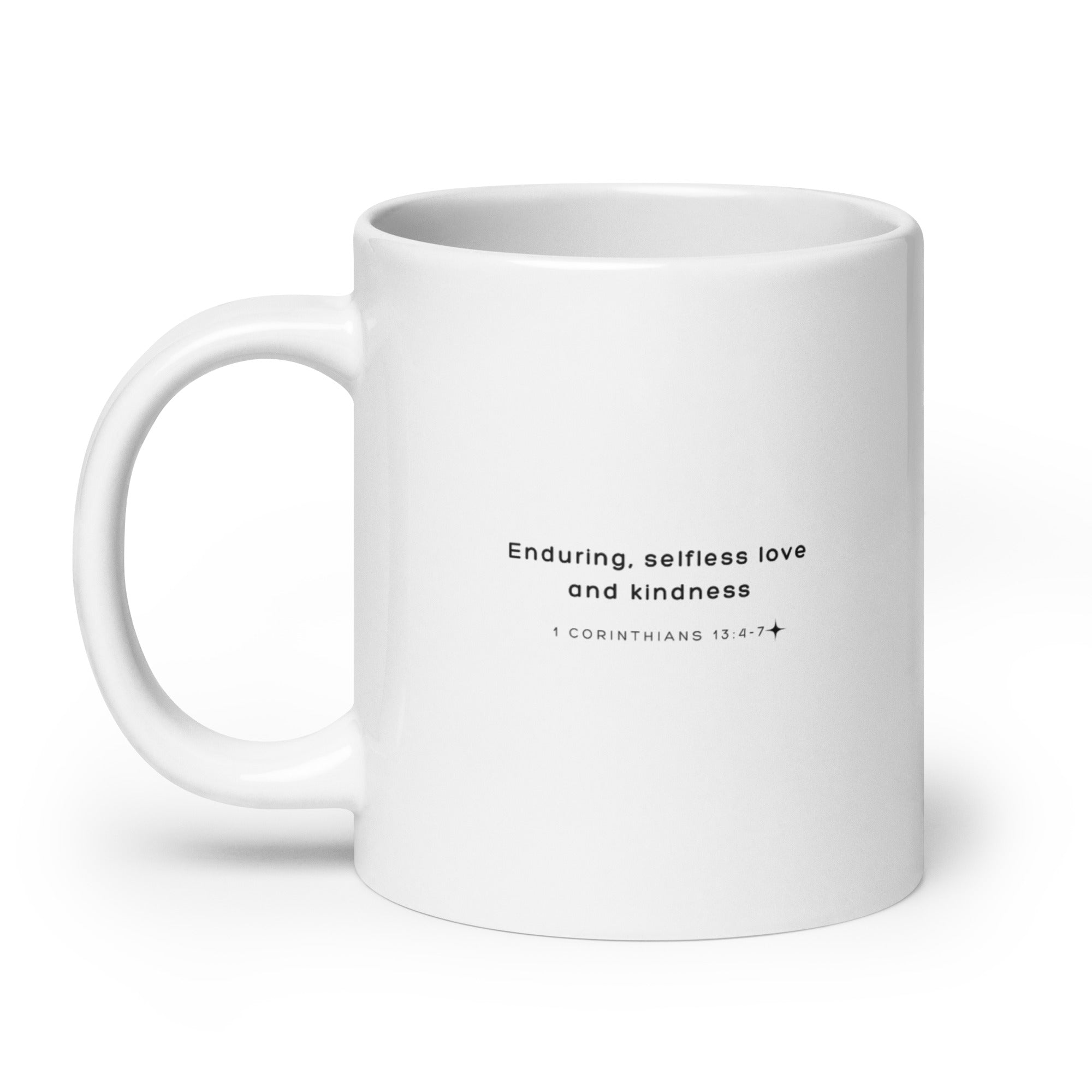 White glossy mug - 1 Corinthians 13:4-7